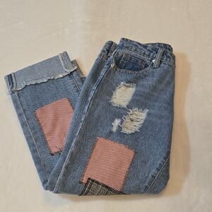 POL Women's Blue Distressed Jeans Pink Black Patchwork Size Small